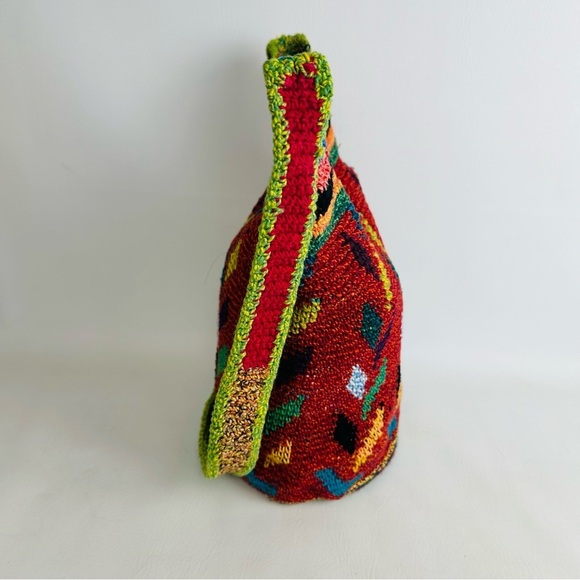 Shoulder Bucket Bag Red Crocheted Design Hippie Boho Purse Aztec Crossbody - Picture 5 of 12